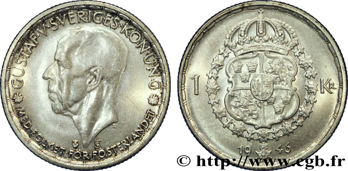 SWEDEN 1 Krona Gustave V 1946  AU 