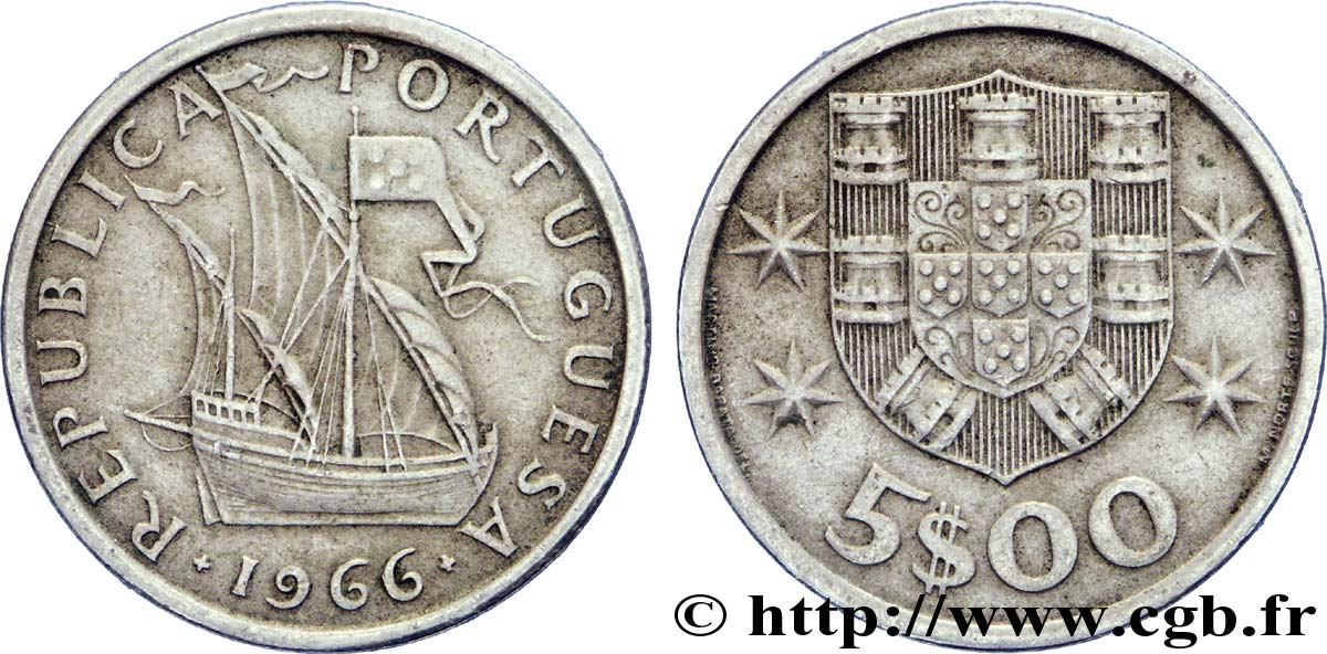 PORTUGAL 5 Escudos emblème 1966  MBC+ 