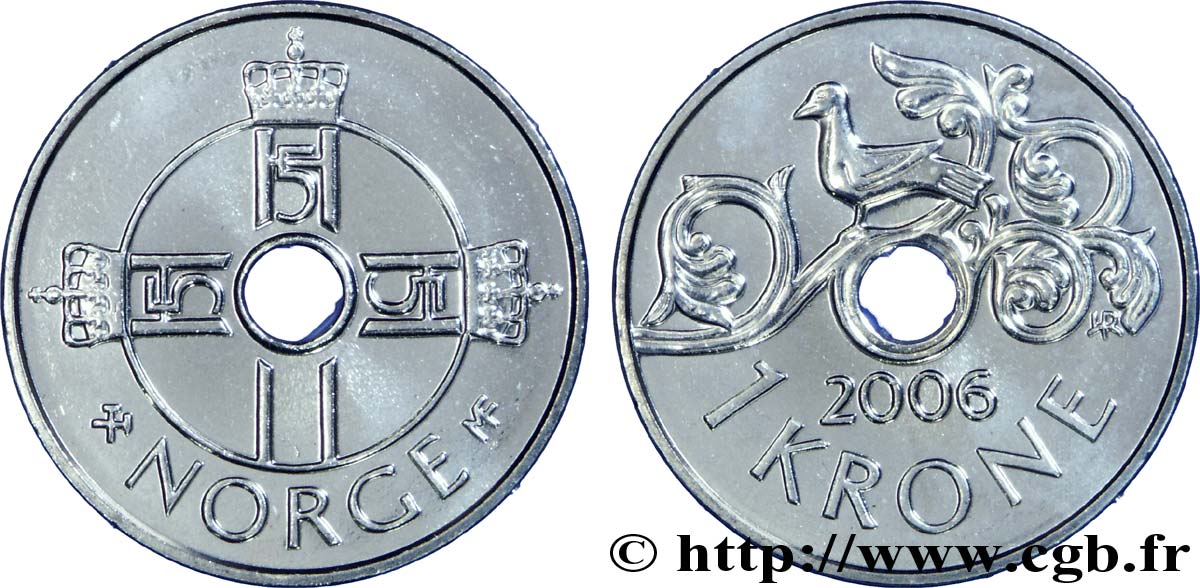 NORWEGEN 1 Krone monogrames couronnés du roi Harald V / oiseau sur rameau 2006  fST 