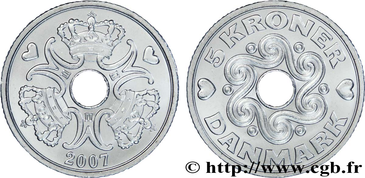 DANEMARK 5 Kroner couronnes et monograme de la reine Margrethe II 2007 Copenhague SPL 