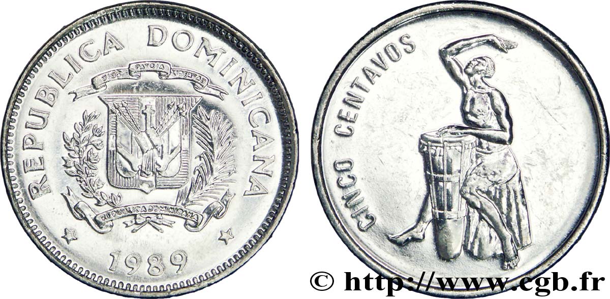 REPúBLICA DOMINICANA 5 Centavos emblème / joueur de tambour 1989  SC 