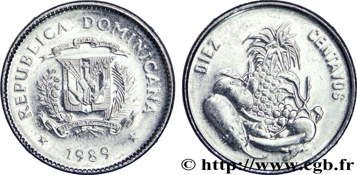 REPúBLICA DOMINICANA 10 Centavos emblème / fruits et légumes 1989  EBC 