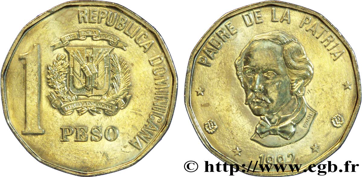 DOMINIKANISCHE REPUBLIK 1 Peso emblème / Juan Pablo Duarte 1992  VZ 