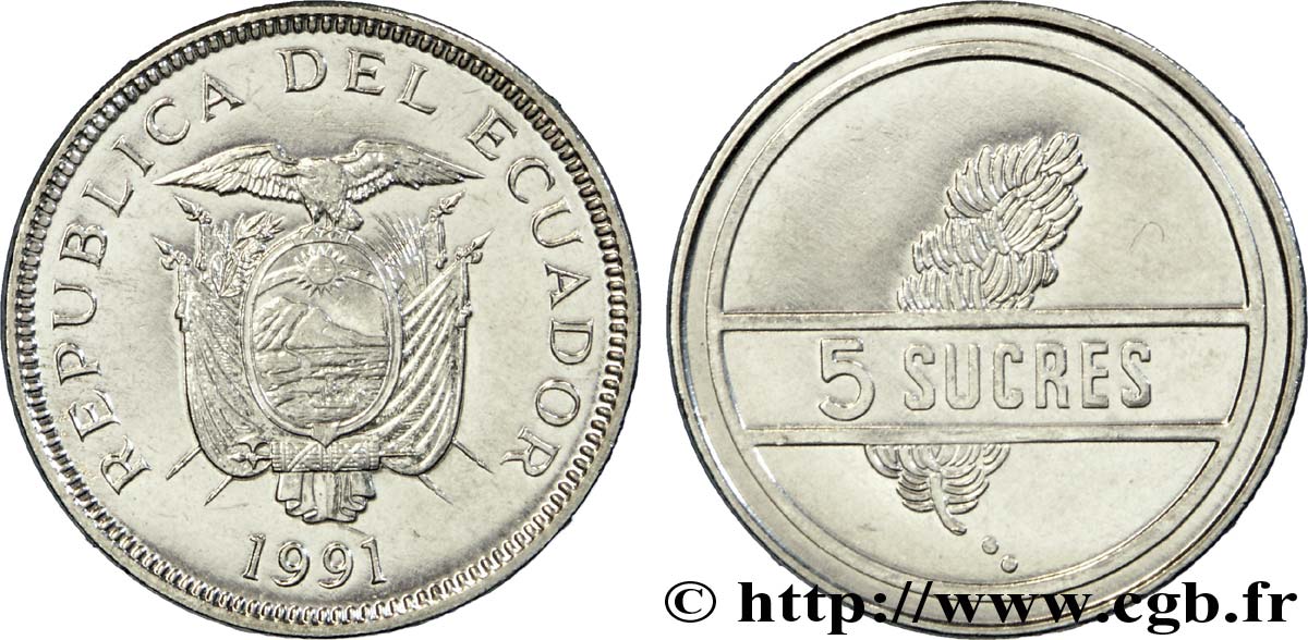 ECUADOR 5 Sucres emblème 1991  EBC 