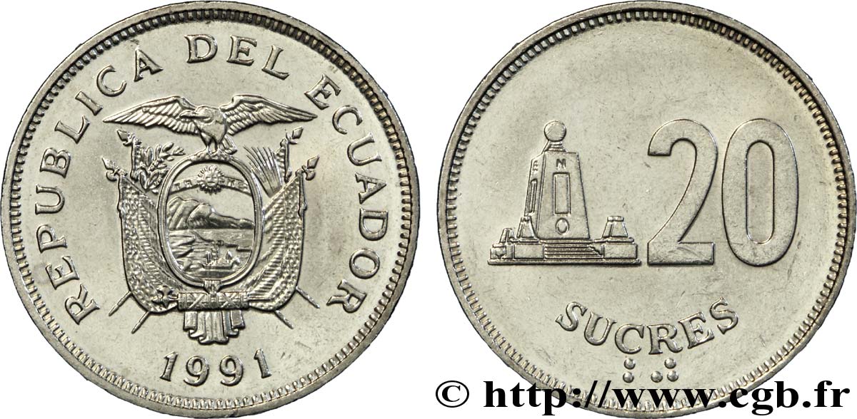 ECUADOR 20 Sucres emblème / stèle 1991  EBC 