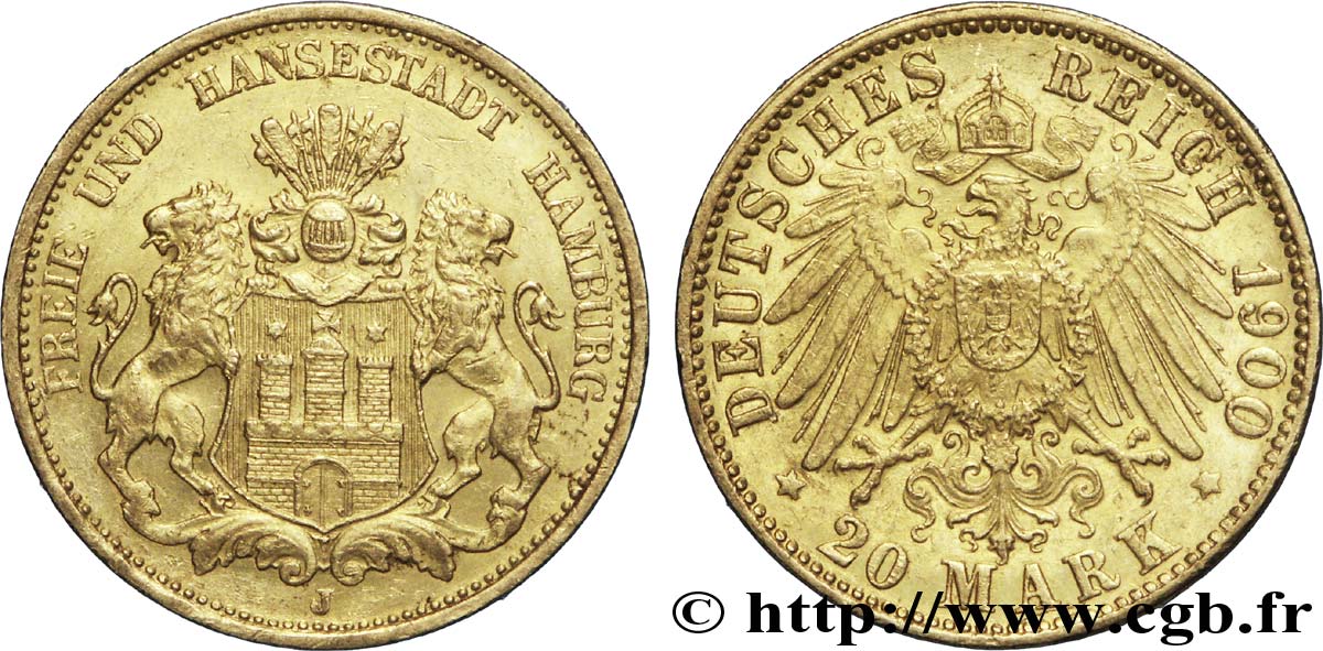 GERMANY - HAMBURG FREE CITY 20 Mark or Ville libre et hanséatique d Hambourg : armes de la ville / aigle impérial 1900 Hambourg - J AU 