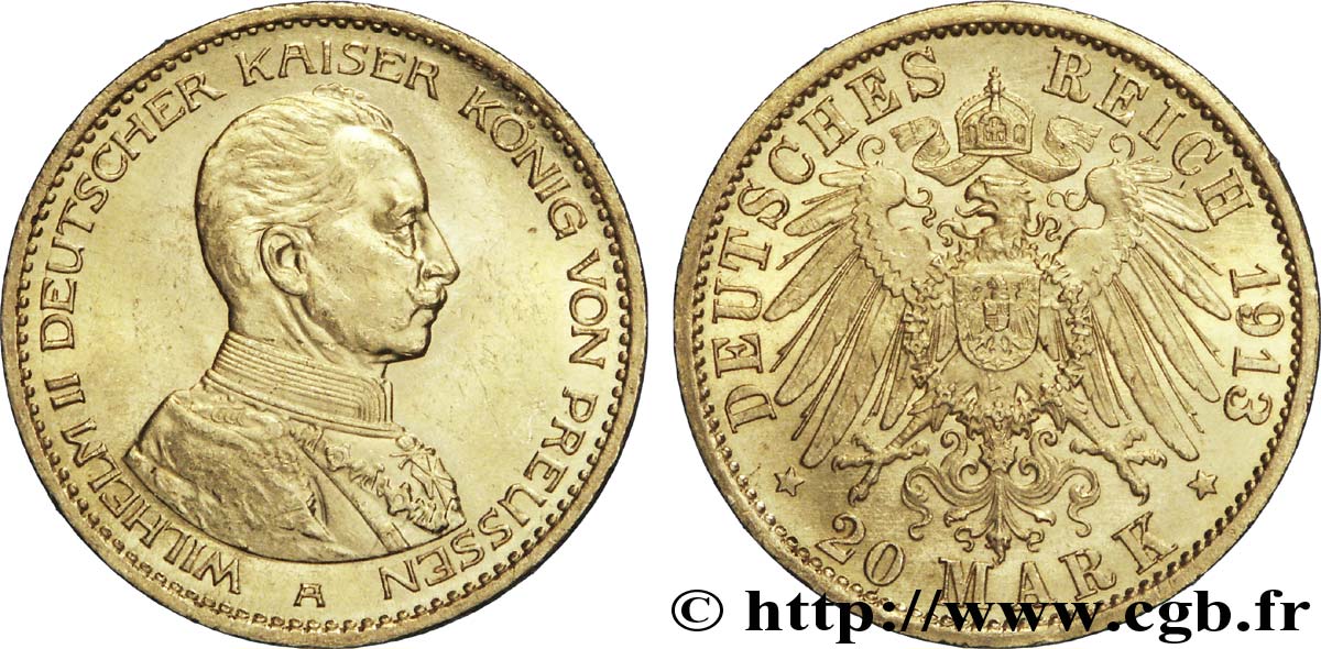 ALEMANIA - PRUSIA 20 Mark royaume de Prusse Guillaume II buste en uniforme/ aigle héraldique 1913 Berlin EBC 