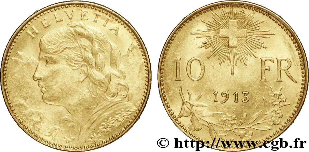 SWITZERLAND 10 Francs or  Vreneli  Buste diadémé d Helvetia / Croix suisse 1913 Berne - B AU 