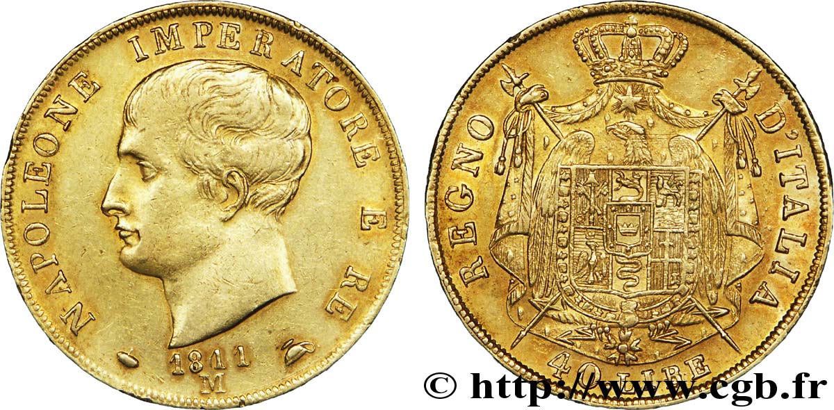 ITALIA - REINO DE ITALIA - NAPOLEóNE I 40 Lire Napoléon Empereur et Roi d’Italie, 2e type à la tranche en creux 1811 Milan - M MBC 