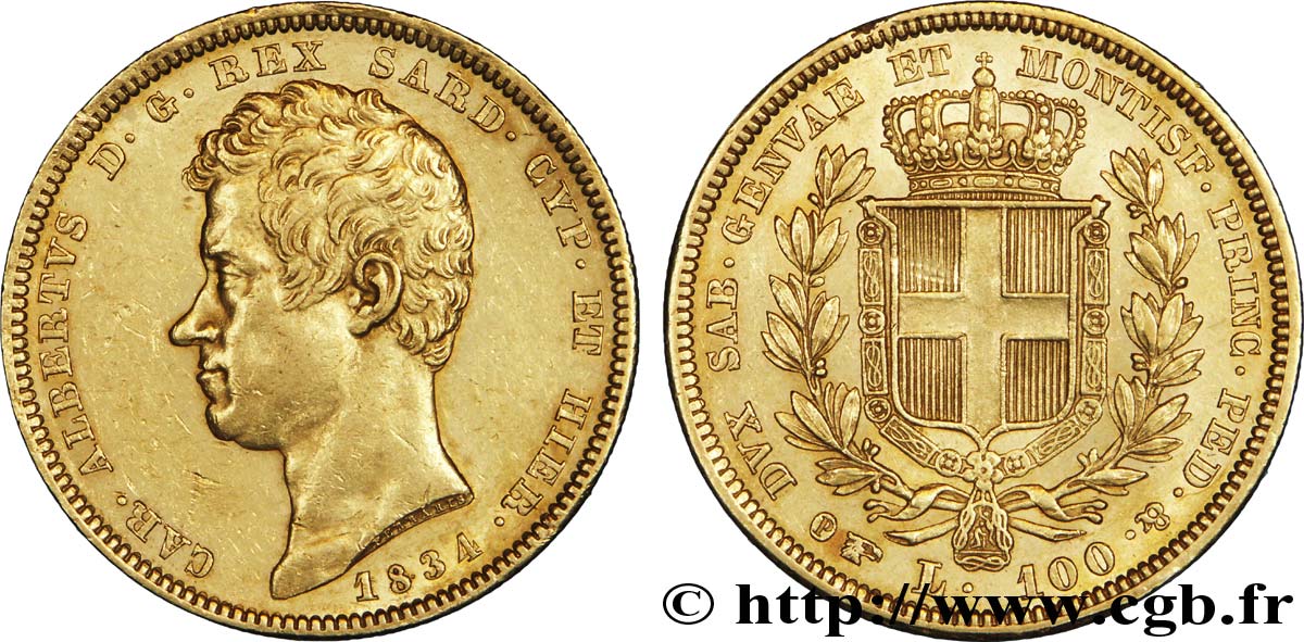 ITALIEN - KÖNIGREICH SARDINIEN 100 Lire Charles-Albert roi de Sardaigne / armes de Savoie couronnées 1834 Turin fVZ 