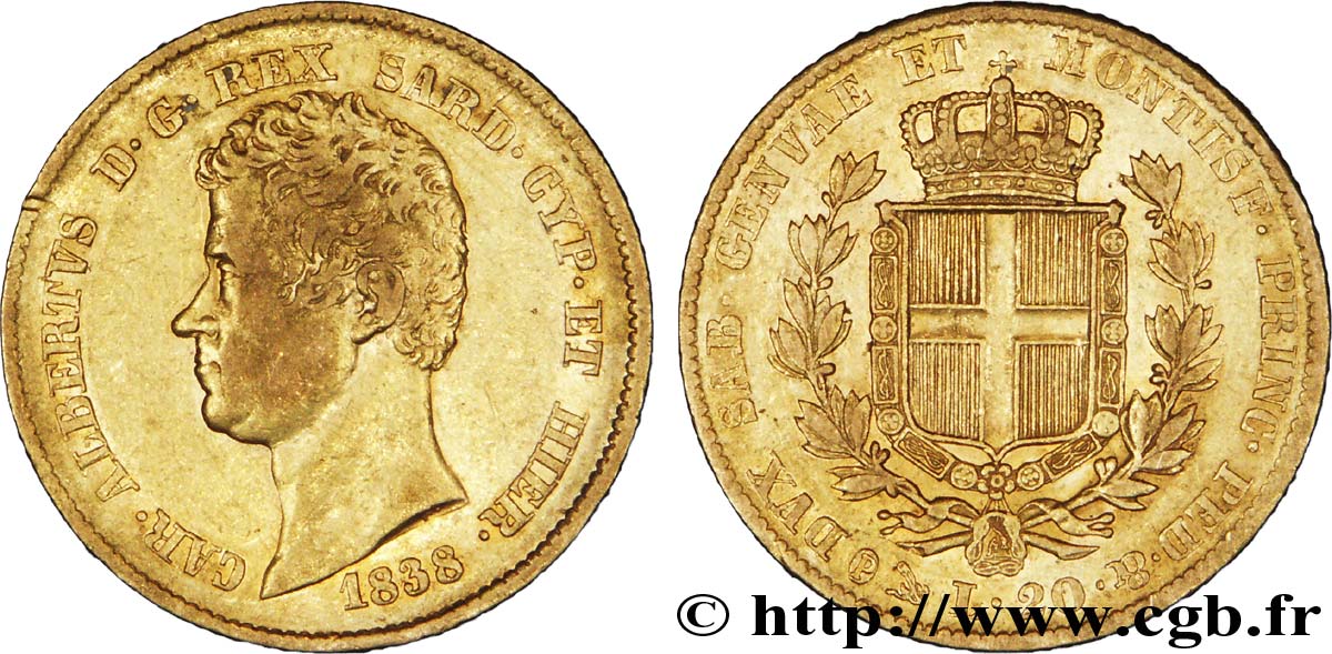 ITALIEN - KÖNIGREICH SARDINIEN 20 Lire Charles-Albert roi de Sardaigne 1838 Gênes SS 
