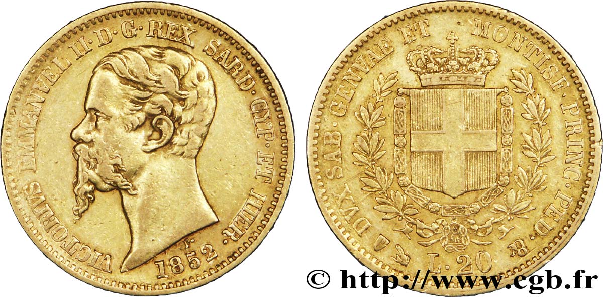 ITALIA - REINO DE CERDEÑA 20 Lire Victor-Emmanuel II roi de Sardaigne / armes de Savoie couronnées 1852 Gênes BC+ 