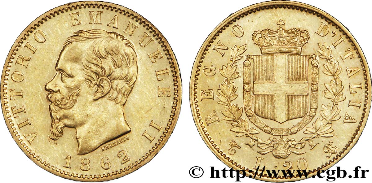 ITALIA 20 Lire Victor Emmanuel II  1862 Turin EBC 