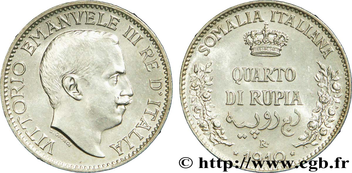 SOMALIA ITALIANA 1/4 (Quarto) de Roupie Victor-Emmanuel III 1910 Rome - R SPL 