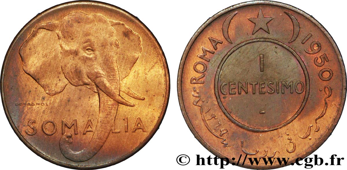 ITALIAN SOMALILAND 1 Centisimo éléphant 1950 Rome AU 