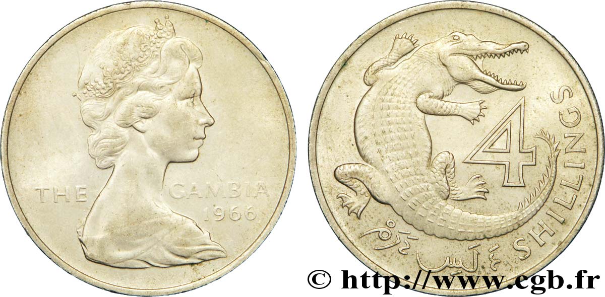 GAMBIA 4 Shillings Elisabeth II / crocodile 1966  VZ 