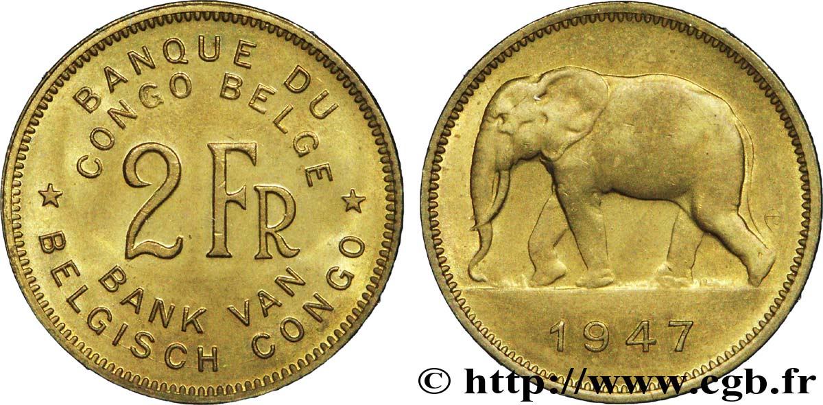 BELGISCH-KONGO 2 Francs éléphant 1947  VZ 