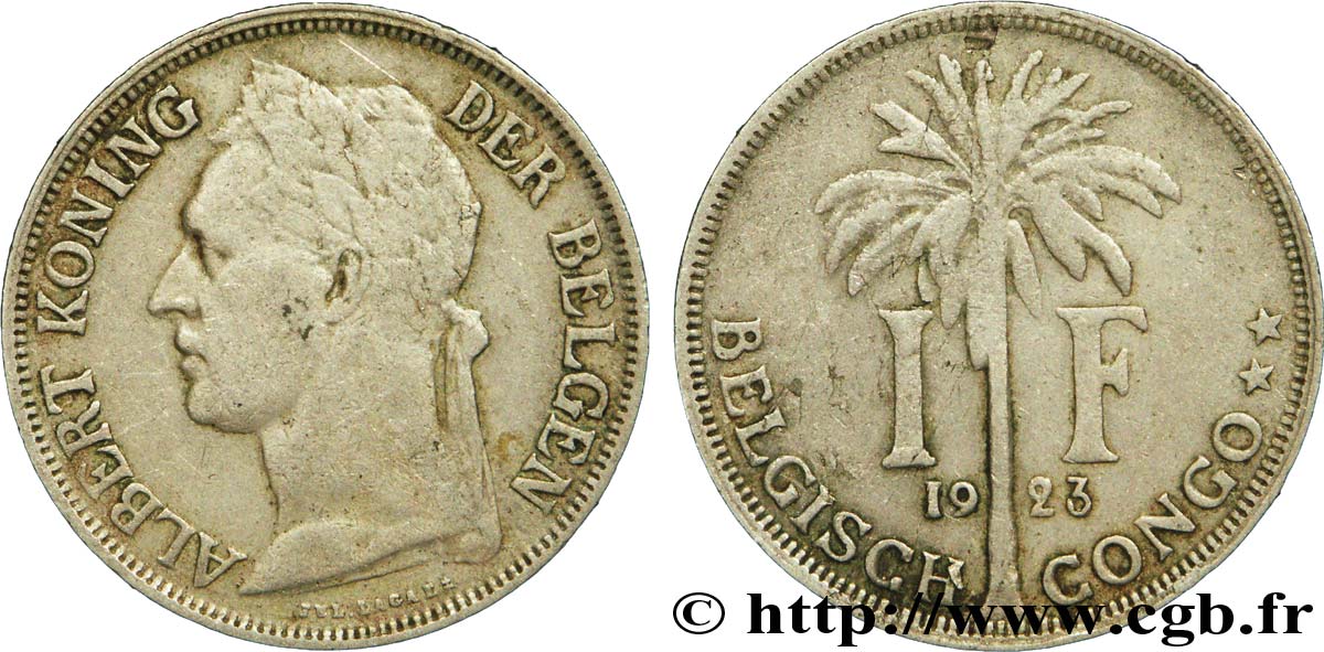 BELGIAN CONGO 1 Franc roi Albert légende flamande 1923  VF 