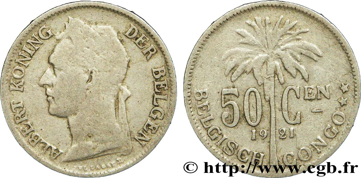 BELGISCH-KONGO 50 Centimes roi Albert  légende flamande / palmier 1921  S 