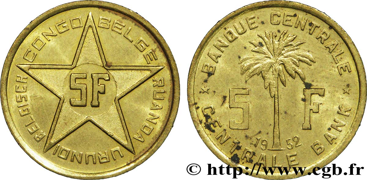 BELGIAN CONGO 5 Francs Banque Centrale Congo Belge-Ruanda-Urundi 1952  AU 