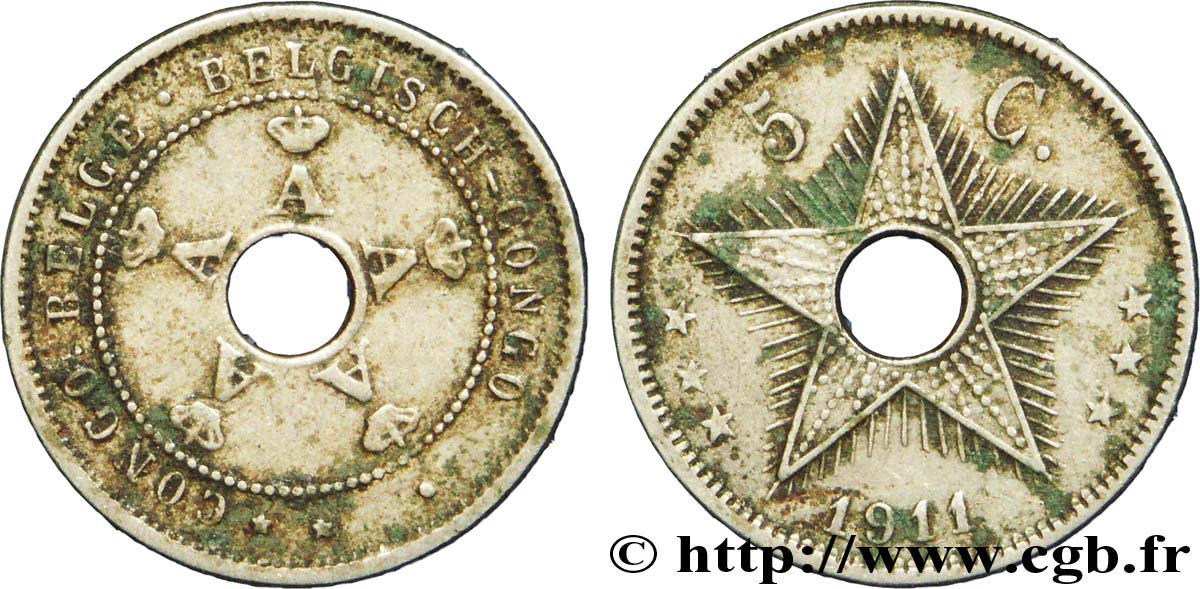 BELGIAN CONGO 5 Centimes monogrames du roi Albert 1911 Heaton VF 