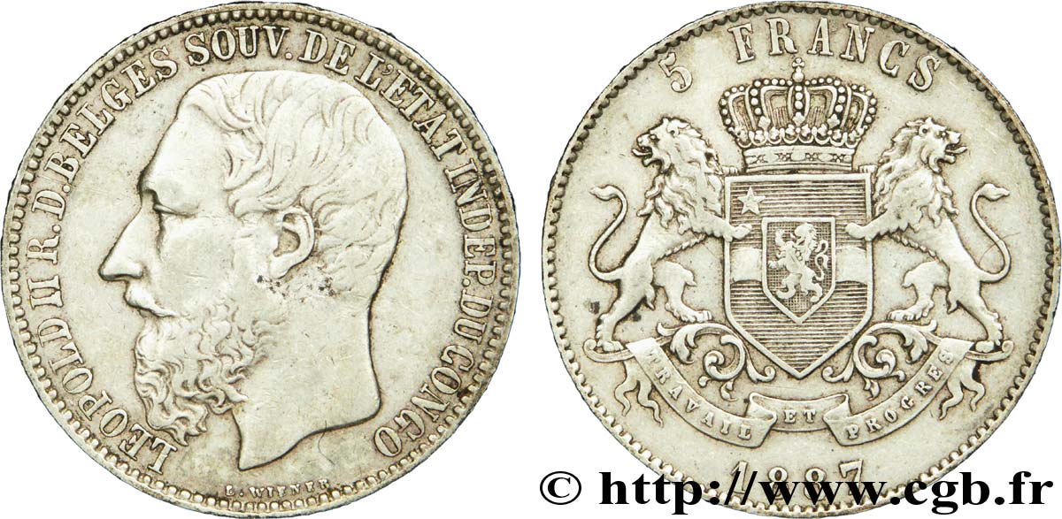 CONGO FREE STATE 5 Francs Léopold II 1887  XF 