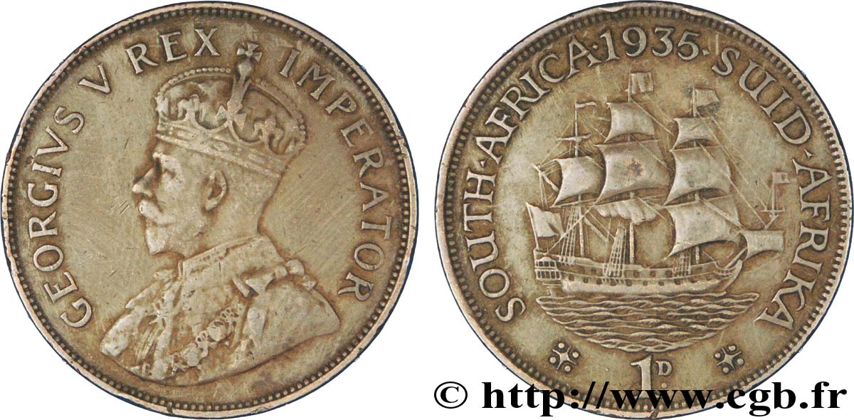 SOUTH AFRICA 1 Penny Georges V / voilier 1935  VF 