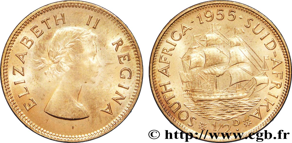 AFRIQUE DU SUD 1/2 Penny Elisabeth II / voilier 1955  SPL 
