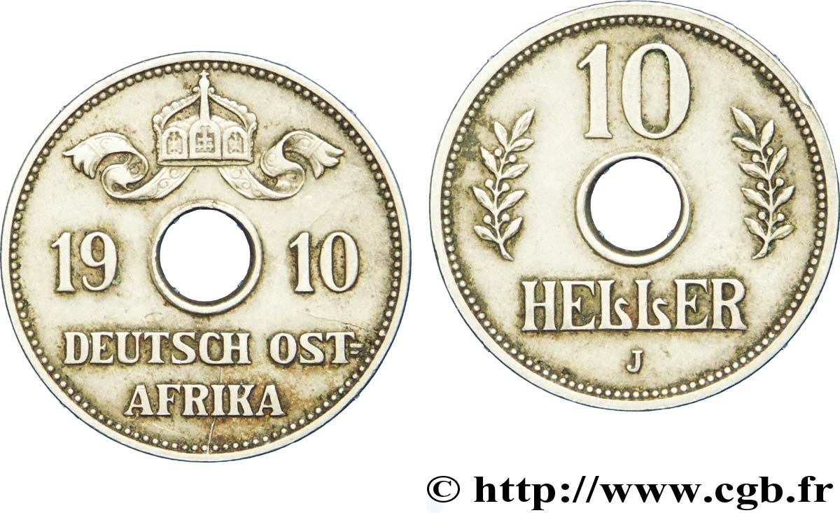DEUTSCH-OSTAFRIKA 10 Heller Deutch Ostafrica type couronne large et extrémités des L pointues 1910 Hambourg - J VZ 