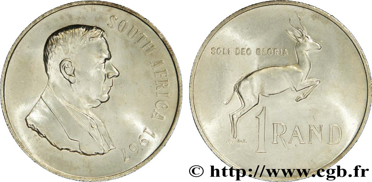 SUDÁFRICA 1 Rand Dr Verwoerd / springbok, légende anglaise 1967 Pretoria EBC 