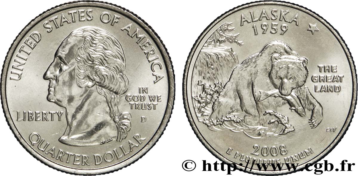 UNITED STATES OF AMERICA 1/4 Dollar Alaska : grizzly pêchant un saumon 2008 Denver MS 