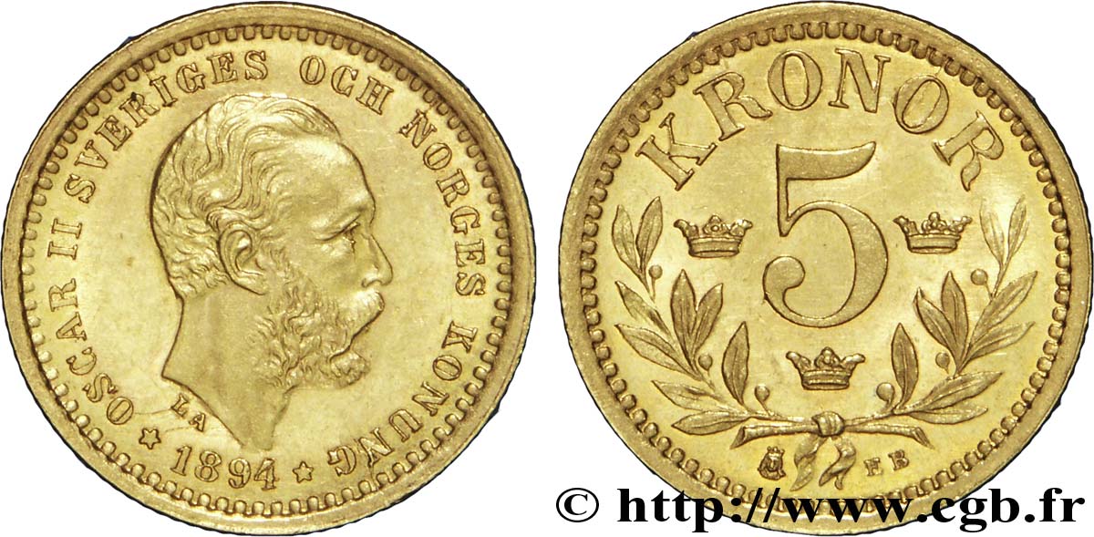 SWEDEN 5 Kronor roi Oscar II 1894  AU 