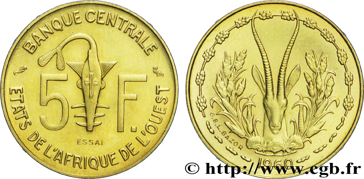 WESTAFRIKANISCHE LÄNDER Essai 5 Francs masque / antilope 1960 Paris VZ 