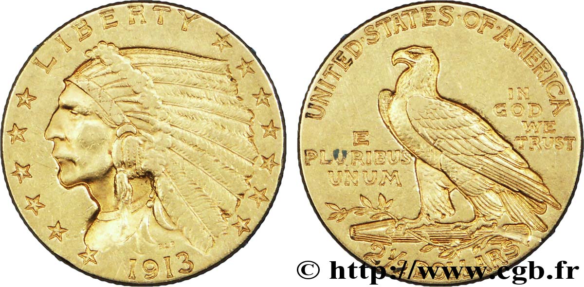 UNITED STATES OF AMERICA 2 1/2 Dollars or (Quarter Eagle) type “tête d’indien”  1913 Philadelphie AU 