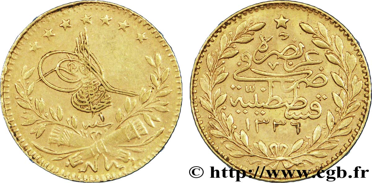 TURQUíA 25 Kurush en or Sultan Mohammed VI AH 1336, An 1 1917 Constantinople EBC 