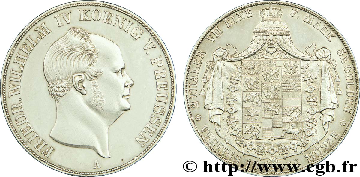 ALEMANIA - PRUSIA 2 Thaler Frédéric-Guillaume IV roi de Prusse / aigle 1856 Berlin EBC 