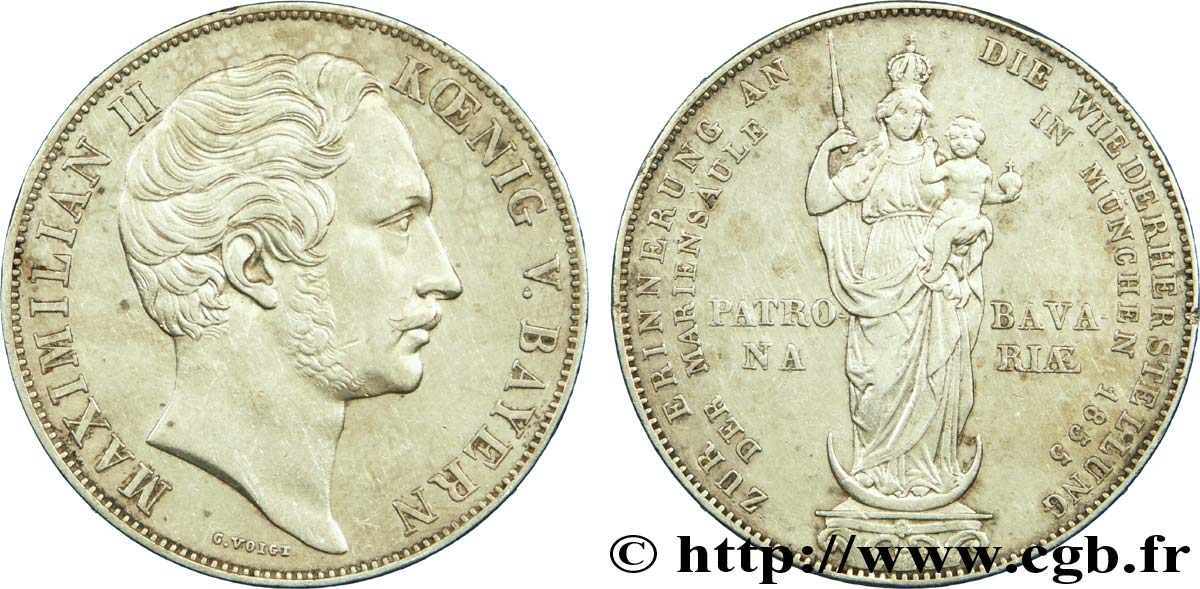 GERMANIA - BAVIERIA 2 Gulden (Mariengulden) Maximilien II roi de Bavière / Madone patronne de la Bavière 1855  SPL 