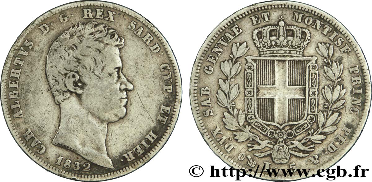 ITALY - KINGDOM OF SARDINIA 5 Lire Charles Albert, roi de Sardaigne 1832 Gênes VF 