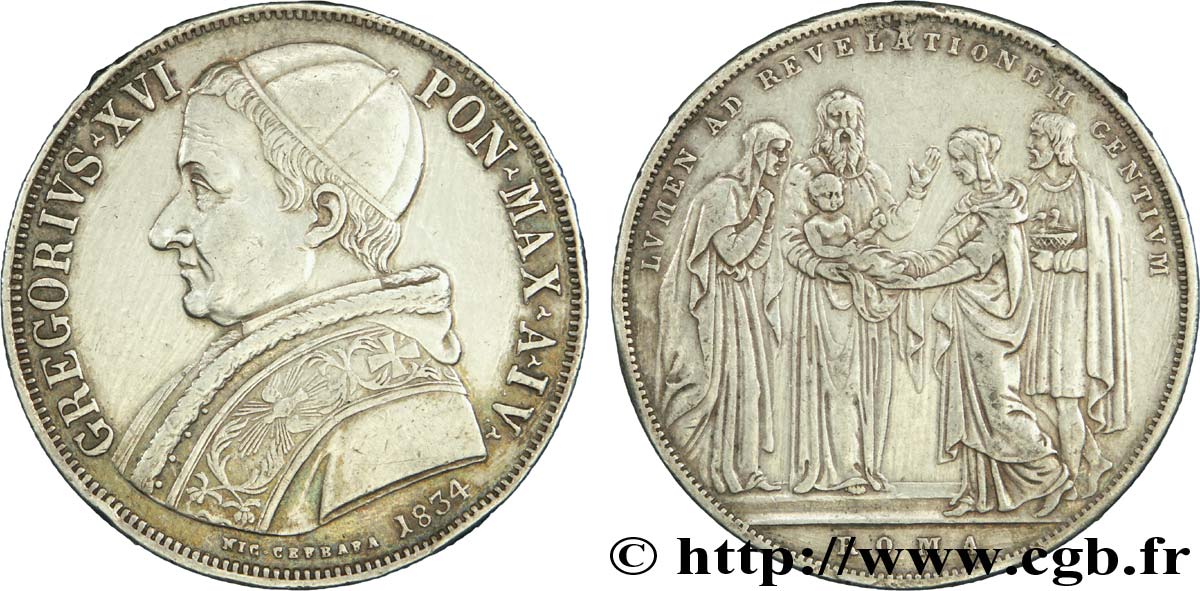 VATICANO Y ESTADOS PONTIFICIOS 1 Scudo Grégoire XVI, naissance de Jésus an IV 1834 Rome MBC+ 