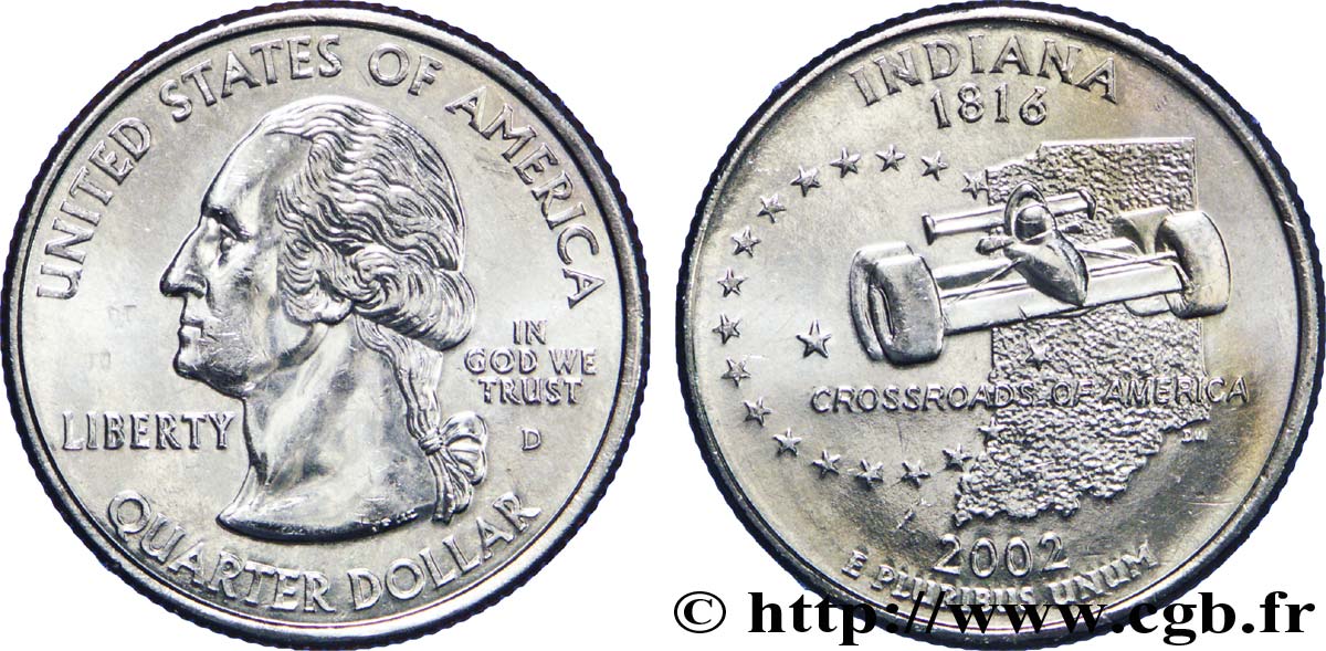 UNITED STATES OF AMERICA 1/4 Dollar Indiana : Grand Prix automobile d’Indianapolis et limites de l’état 2002 Denver MS 