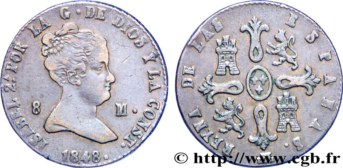 SPAIN 8 Maravedis Isabelle II 1848 Ségovie XF 