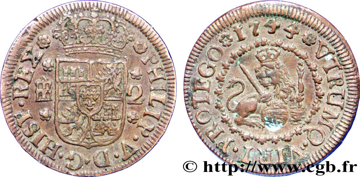 SPAIN 2 Maravedis frappe au nom de Philippe V : écu / lion tenant une épée et un globe 1744 Ségovie XF 