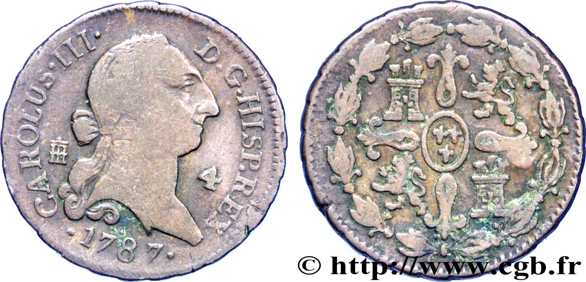 ESPAÑA 4 Maravedis Charles III  1787 Ségovie BC 
