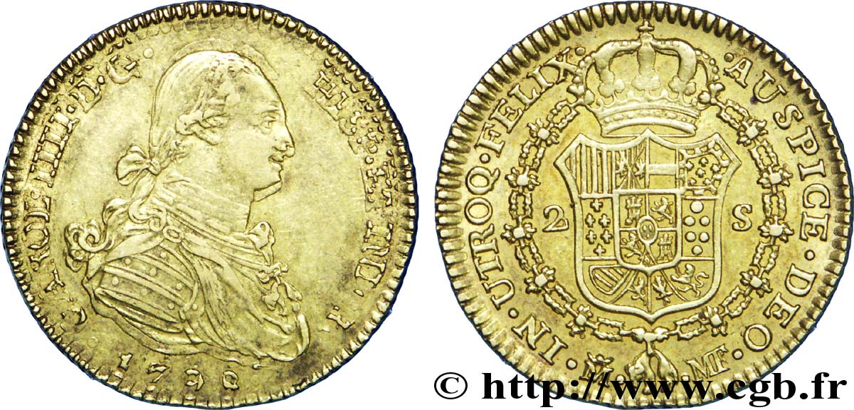 SPAIN 2 Escudos OR Charles IIII / écu couronné 1798 Madrid XF40 