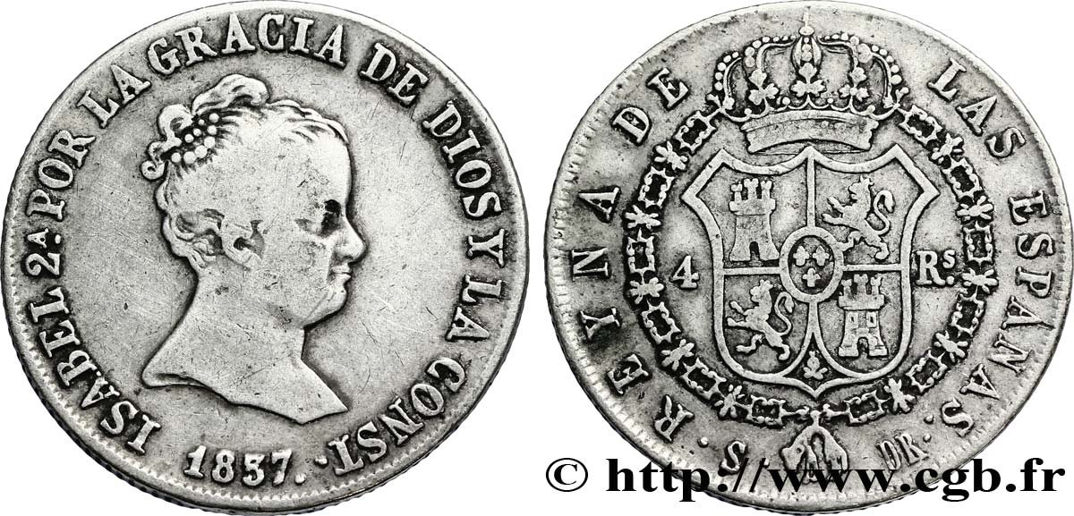 SPANIEN 4 Reales Isabelle II / écu couronné au collier 1837 Séville fSS 