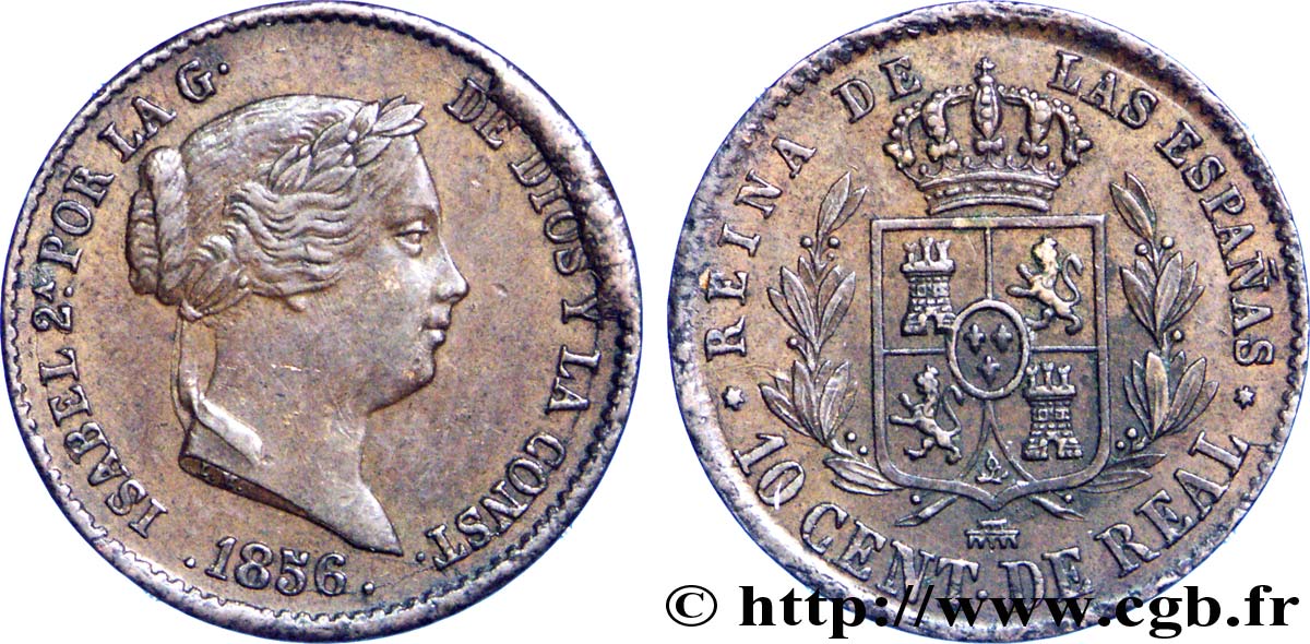 SPAIN 10 Centimos de Real Isabelle II / écu couronné 1856 Ségovie AU 
