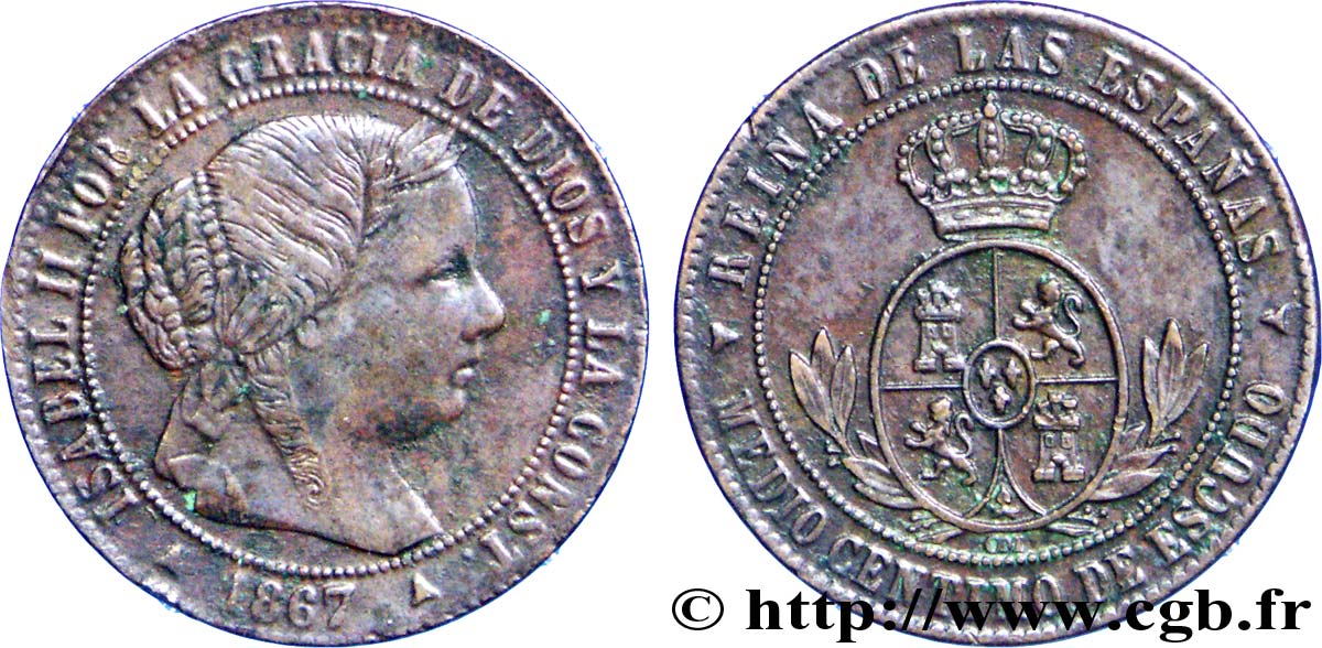 SPANIEN 1/2 (medio) Centimo de Escudo Isabelle II / écu couronné 1867 Oeschger Mesdach & CO VZ 