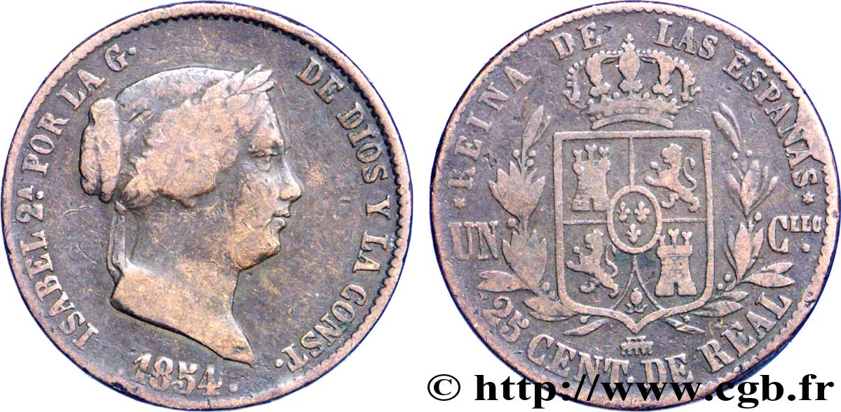 SPAIN 25 Centimos de Real (Cuartillo) Isabelle II 1854 Ségovie VF 