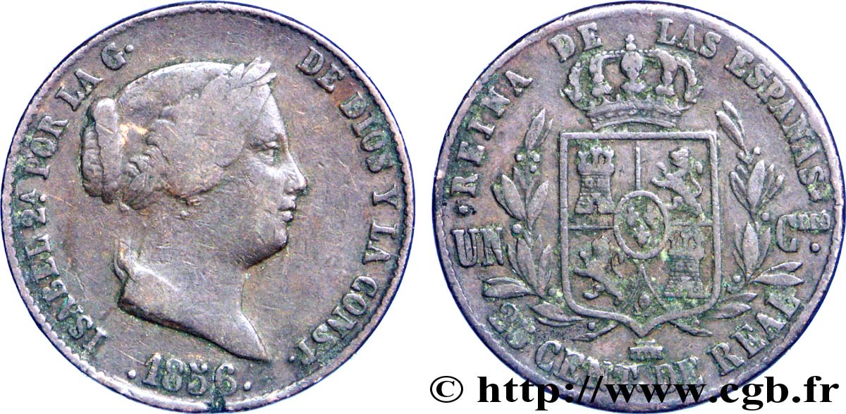 SPAGNA 25 Centimos de Real (Cuartillo) Isabelle II / écu couronné 1856 Ségovie MB 