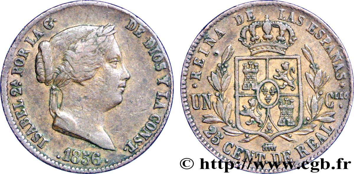 ESPAGNE 25 Centimos de Real (Cuartillo) Isabelle II / écu couronné 1856 Ségovie TTB 